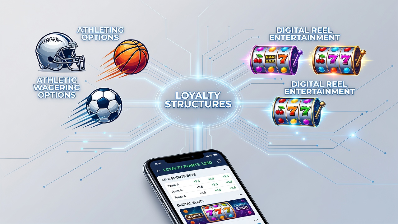 Close-up of handheld screen showing loyalty tier progress bar connecting sports odds and slot reels